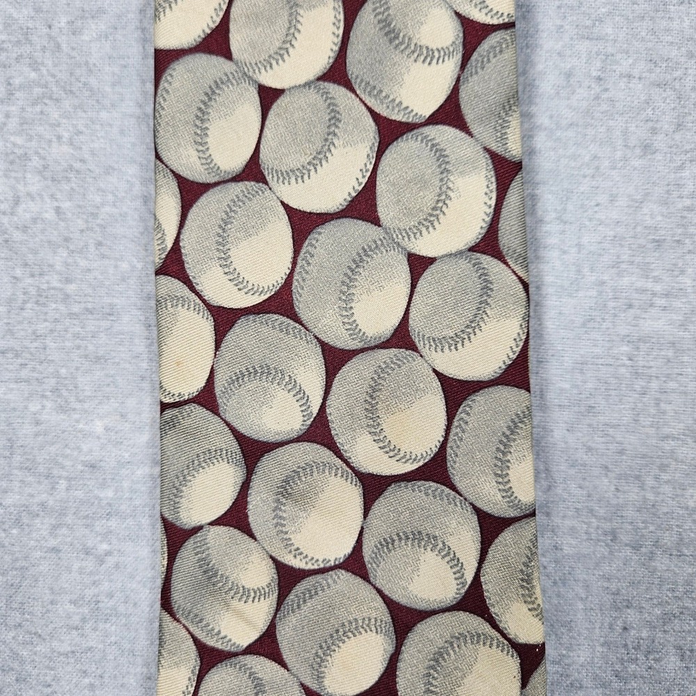 Lands End Mens Silk Baseball Print Necktie Burgundy Grey Hand Sewn USA